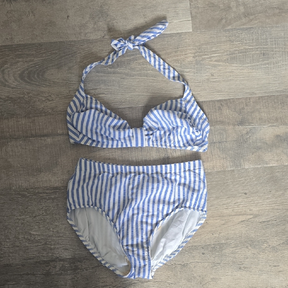 Lands' End Striped Halter Bikini in Blue and White